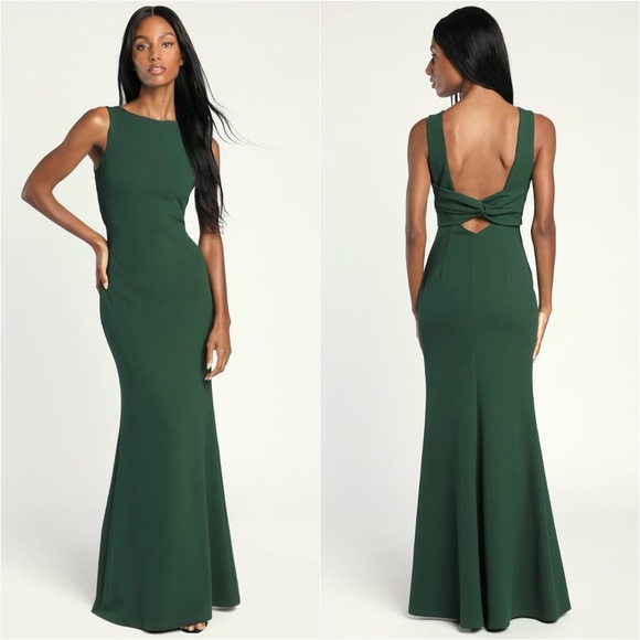 Lulus Love In Your Eyes Mermaid Maxi Dress Medium Hunter Green Knotted Cut Out - Picture 1 of 10